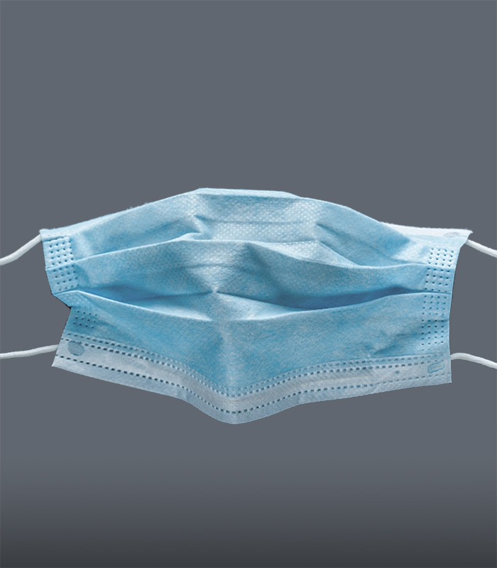 Classic surgical protective three layer mask with ear helds in blue color on grey background