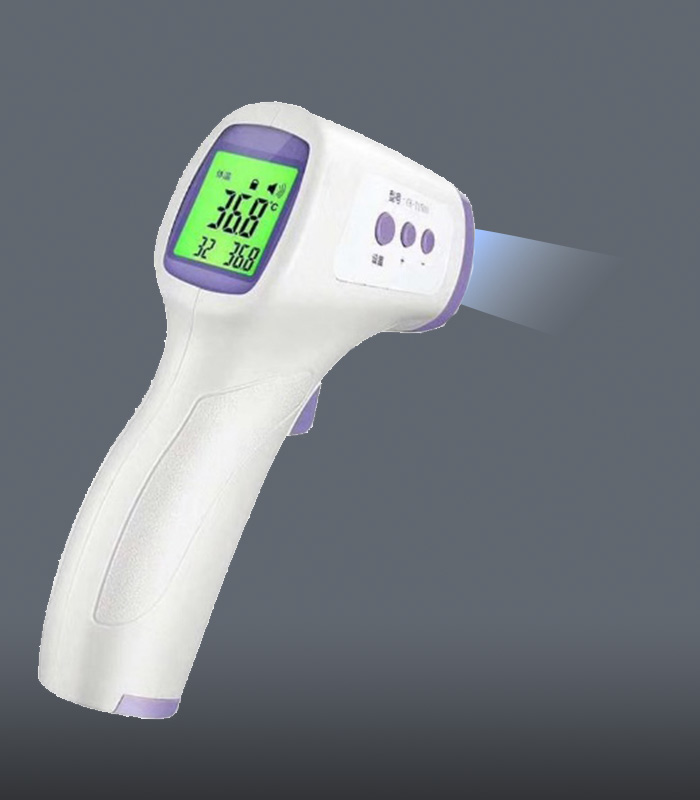 Medical-grade IR thermometer with purple buttons and example temperature value at 36.8 C on grey background